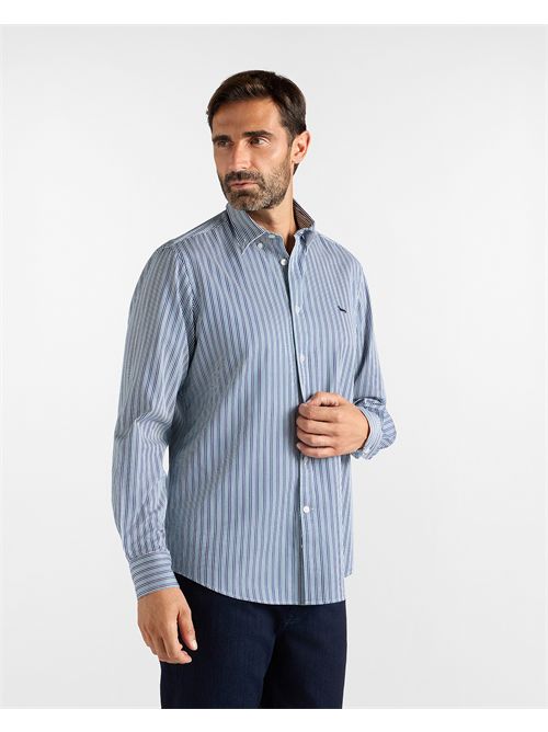 Camicia Uomo a righe in twill tinto filo Regular Fit verde/blu